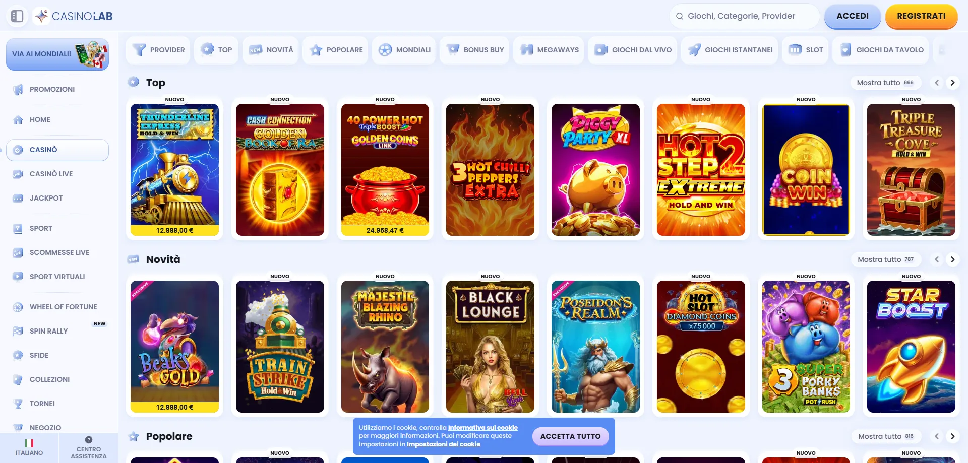 Selezione di slot e giochi da casinò disponibili su Casinolab